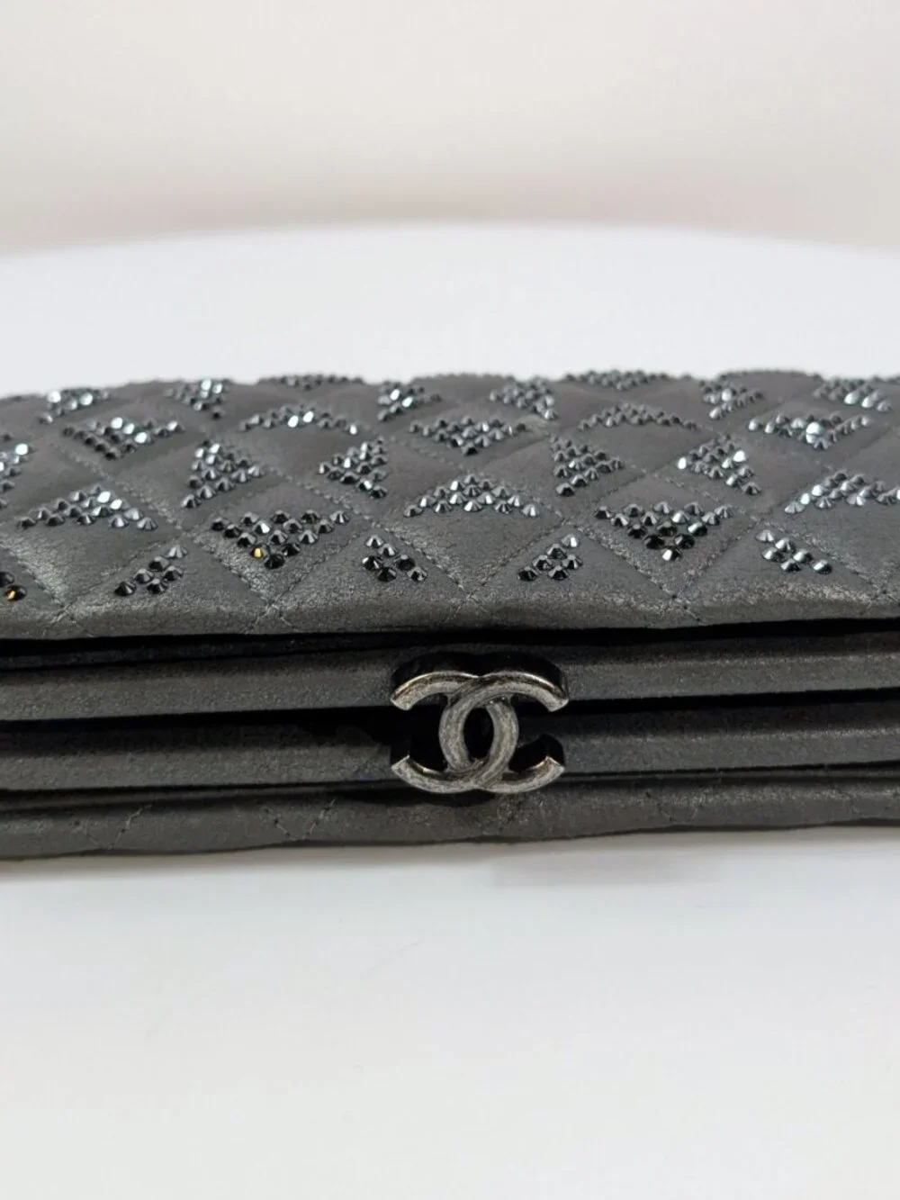 Chanel Timeless Grey Crystal-Studded Suede Diamond-Quilted Clutch